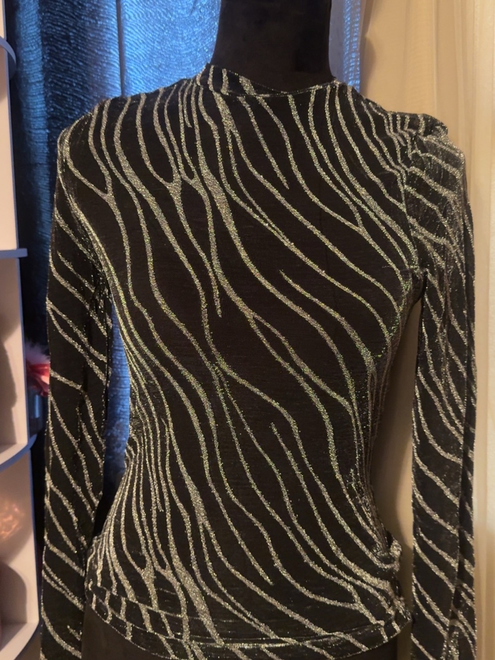 Black Long Sleeve Metallic Zebra Print Top